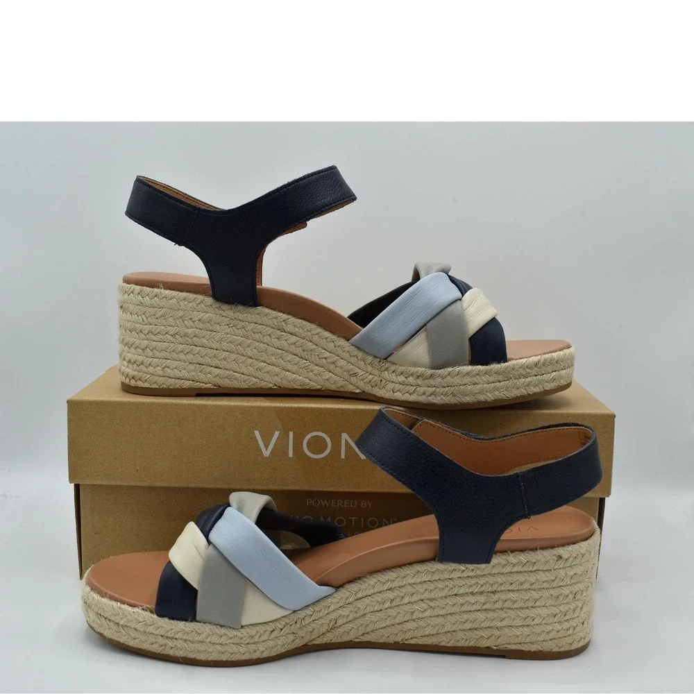 Vionic Women Size 11 Saratoga Navy Multi Leather Wedge Espadrille Sandals Shoes